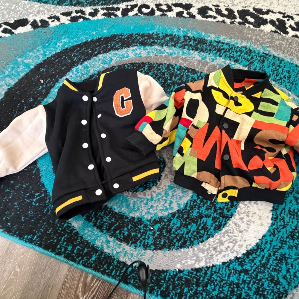 Colorful Graphic Cardigan and Black Varsity Jacket